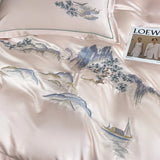 4Pcs New Chinese Style Landscape Embroidery Luxury Bedding Set Silky Duvet Cover Set Soft Quilt Cover Set Bed Sheet Pillowcases