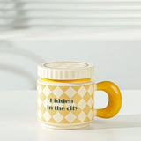 400ML Flowers Ceramic Mug with Lid Creative Checkerboard Grid Pattern Coffee Mug Home Office Breakfast Milk Cup Birthday Gift