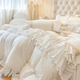 White Princess Wedding Bedding Set 100% Cotton Double Layer Lace Ruffles Duvet Cover Bed Sheet Pillowcases Solid Color Bed Sets