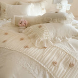 Korean Princess Style Lace Ruffles Wedding Bedding Set Soft Rose Flowers Four-Piece Set Duvet Cover Bed Sheet Pillowcase 4Pcs
