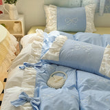 Korean Princess Style Lace Ruffles Plaid Patchwork Bow Embroidery 100% Cotton Bedding Set Duvet Covers Bed Sheet Pillowcases