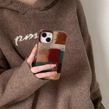 Retro brown red color blocked phone case with fur ball phone chain For iPhone 11 12 13 14 15 pro max