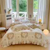 Flower Skin-friendly Bedding Set Class A Washed Cotton Duvet Cover Set Lace Ruffles Quilt Cover Soft Cover Bed Linen Pillowcases