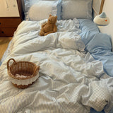 INS Style Blue Stripes Ruffles Patchwork Bedding Set Single Queen Size 100% Cotton Duvet Cover Flat/Fitted Bed Sheet Pillowcases