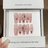 10Pcs Pink Coffin Handmade Press On Nails Moon Stars False Nails Sweet Bow Diamond Design Full Cover Ballet Fake Nails Press On