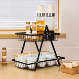2/3 Tier Kitchen Organizer Rack Fruit Basket with Detachable Metal Holder and Wooden Handle Vegetable Bread Snacks Storage Shelf