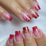 24pc Red Glitter French Fake Nails with Glue Glossy Short Square Press on Nails with Irregular Lines Design False Nails Wearable
