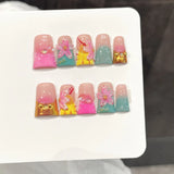 10pcs Ocean Style Fake Nails Duck Bill Press on Nails Set Handmade 3D Flowers Pearl Nail Art Gradient Blush French False Nails