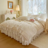 Double Layer Lace Ruffles Princess Wedding Bedding Set 100S Egyptian Cotton Duvet Cover Quilted Bedspread Bed Skirt Pillowcases