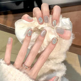 10Pcs French Pearls Press on Nails Short Square Fake Nails Pink Heart Star False Nails Cat Eye Glitter Diamond Acrylic Nail Art
