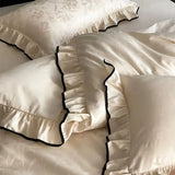 Luxury Egyptian Cotton Flowers Jacquard Bedding Set Vintage Ruffle Duvet Cover Black Piping, Bed Sheet/Fitted Sheet Pillowcases