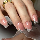 24Pcs Simple French Fake Nail with Gradient White Design Short Square Head False Nails Wearable Finished Manicure Press on Nails