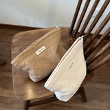 Handwoven Cotton Makeup Bag – Artistic Crochet Cosmetic Pouch with Zipper, Minimalist Clutch for Women