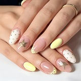 Short Round Head Press on False Nails Yellow French 3D Flower Fake Nail for Woman Reusable Finished Full Cover Nails Tips 24Pcs