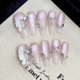 10Pcs Handmade Press on Nails Full Cover Sweet Butterfly Cat's Eye French Ballet Design Manicure Fake Nails Artificial Nail Tips