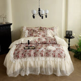 Vintage Rose Flowers Prints Lace Ruffles Lyocell Soft Silky Bedding Set Duvet Cover Bed Sheet/Fitted Sheet/Bed Skirt Pillowcases