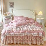 100% Cotton Flowers Lace Embroidery Ruffles Princess Weding Bedding Set Duvet Cover Quilted Bed Skirt Bedspread Pillowcases 4Pcs