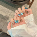 10Pcs Handmade Press on Nails Full Cover Cat Eye Rhinestones Color False Nails Short Square Ballerina Wearable Manicure Nail Tip