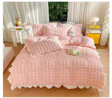 Luxury Seersucker Washed Cotton Bedding Set INS Girls Princess Bedding Set with Lace Solid color Bedclothes Sheets Pillowcase