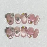10Pcs Cat Eye Handmade Press On Nails French flash Rhinestone Fake Nail with Butterfly Full Cover Wearable Artificial Nail Tips