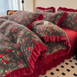 French Winter Thickened Milk Fleece 4pcs Bedding Sets Flower Warm Quilt Cover Bedspread for Women Bedroom