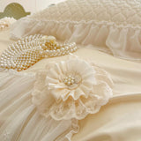 Double Layer Lace Ruffles Princess Wedding Bedding Set 100S Egyptian Cotton Duvet Cover Quilted Bedspread Bed Skirt Pillowcases