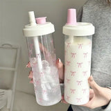500/700ML Pink Bow Straw Water Bottle With Lid Cute Coffee Bubble Milk Tea Plastic Cup For Outdoor School Drinking Water