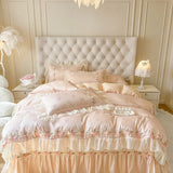 4Pcs Pure Cotton French Flowers Lace Ruffles Princess Wedding Bedding Set Duvet Cover Quilted Bedspread Bed Skirt Pillowcases