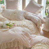 800TC Lyocell Bamboo Fiber Soft Silky Cooling Bedding Set Pink Romantic Lace Ruffles Duvet Cover Flat/Fitted Sheet Pillowcases