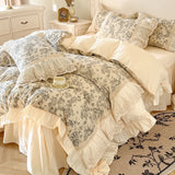 4Pcs French Vintage Pastoral Flower Cotton Bedding Hollow Lace Duvet Cover Princess Style Bedding 200x230 220x240