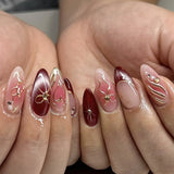 24Pcs Y2K Almond Press on Nails 3D Pink Flowers Stick on Nails Polka Dot Nail Sweet Cool Leopard Print False Nails Metal Nail