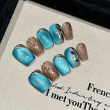10Pcs Handmade Press on Nails Full Cover Cat Eye Rhinestones Color False Nails Short Square Ballerina Wearable Manicure Nail Tip