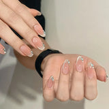 10Ppcs Minimalist French Stick on Nails Gradient Crystal Cat Eye Fake Nails Nude Rhinestone False Nail Short Oval Press on Nails