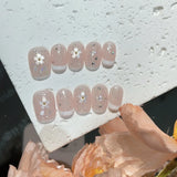 10pcs Cute Pink Handmade False Nails Glitter French Press on Nails with Flower Pattern Short Coffin Full Cover Wearable Manicure