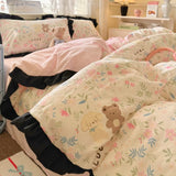 Korean Princess Style 4Pcs Floral Ruffles Bedding Set Single Queen Size Soft Skin-friendly Washed Cotton Duvet Cover Pillowcase