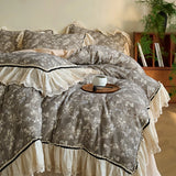 Vintage French Lace Ruffles Bedding Set Pure Cotton Wrinkled Yarn Soft Duvet Cover Set Flat/Fitted Bed Sheet Pillowcases 4Pcs