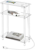 Acrylic Narrow Side Table with Charging Station, 7" Width, 3 Tier Small End Table, Nightstand/Bedside Table with USB , Clear