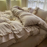 Ins Princess Bedding Set Double Layer Lace Simple Solid Duvet Cover Soft Wash Cotton 4pcs For Girl Spring Home Textiles