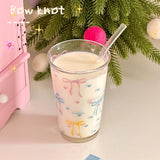 Kawaii Bowknot Glass Coffee Cups With Straw Aesthetic Cute Tumbler 380ml korean Cups For Ice Hot Juice Beer Milk Tea Glasses Cup