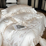800TC Lyocell Bamboo Fiber Soft Silky Bedding Set Rose Floral Embroidery Lace Ruffles Duvet Cover Flat/Fitted Sheet Pillowcases