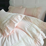 Pink Luxury Princess Wedding Lace Ruffles 100% Cotton Bedding Set Duvet Cover Bed Sheet/Bed Skirt/Fitted Sheet Pillowcases 4Pcs