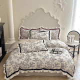 500TC Egyptian Cotton Vintage French Rose Flowers Print Ruffles Bedding Set Duvet Cover Flat/Fitted Bed Sheet Pillowcases 4Pcs