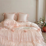 Pink Egyptian Cotton Princess Wedding Bedding Set Luxury Lace Ruffle Flowers Duvet Cover Sets Bed Sheet Pillowcases Home Textile
