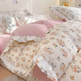 Princess Style Lace Ruffles Bedding Set Purple Tulips Duvet Cover and Flat Sheet Pillowcases Girls Romantic Floral Home Textiles