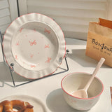 6Pcs Bow Ceramic Set, Cute Food Bowl and Plate Combination Rice Bowl, Household Plate and Spoon, Suitable for Daily Use, Office Meal, Breakfast Rice Bowl and Spoon, Student Dormitory Meal, Travel and Business Trip, Outdoor Pi