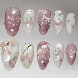 24Pcs Short Oval Pink False Nail Tips Summer Lovely Golden Flowers Retro Gradients Wearable Almond Manicure Full Cover Press Ons