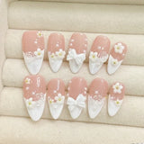 10Pcs Aurora Pink Almond Handmade Press On Nails Full Cover Bowknot Design French Fake Nail Artificial Manicure Wearable Nails