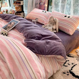 Small Fresh Ins Big Blue Stripes Winter Warm Four-piece Bedding Set Quilt Cover Milk Velvet Bed Sheet Farai Velvet Three-piece