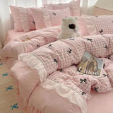 Fashion Lattice Bedding Set Bed Sheet Cute Princess AB Double Sided Ruffle Flower Quilt Cover Pillowcase Bedclothes Home Textile