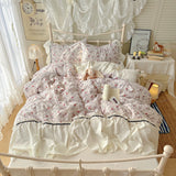 Korean French lazy style puff flower edge quilt cover four-piece set princess style dormitory three-piece set